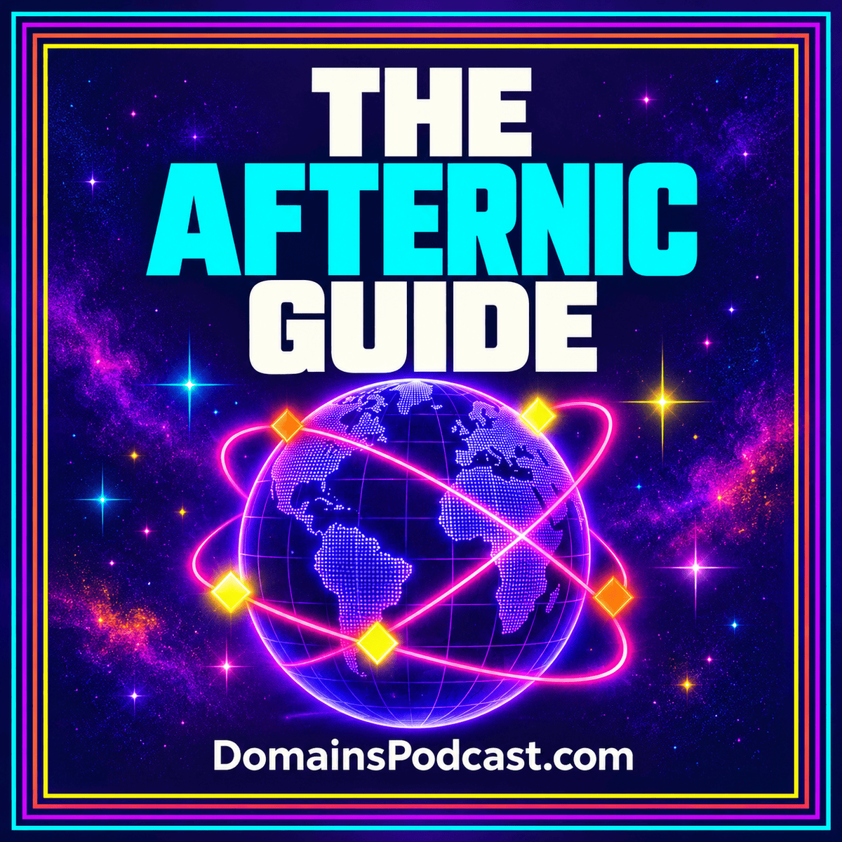 The Afternic Guide — neon editorial cover with a multicolor pinstripe frame and DomainsPodcast.com branding
