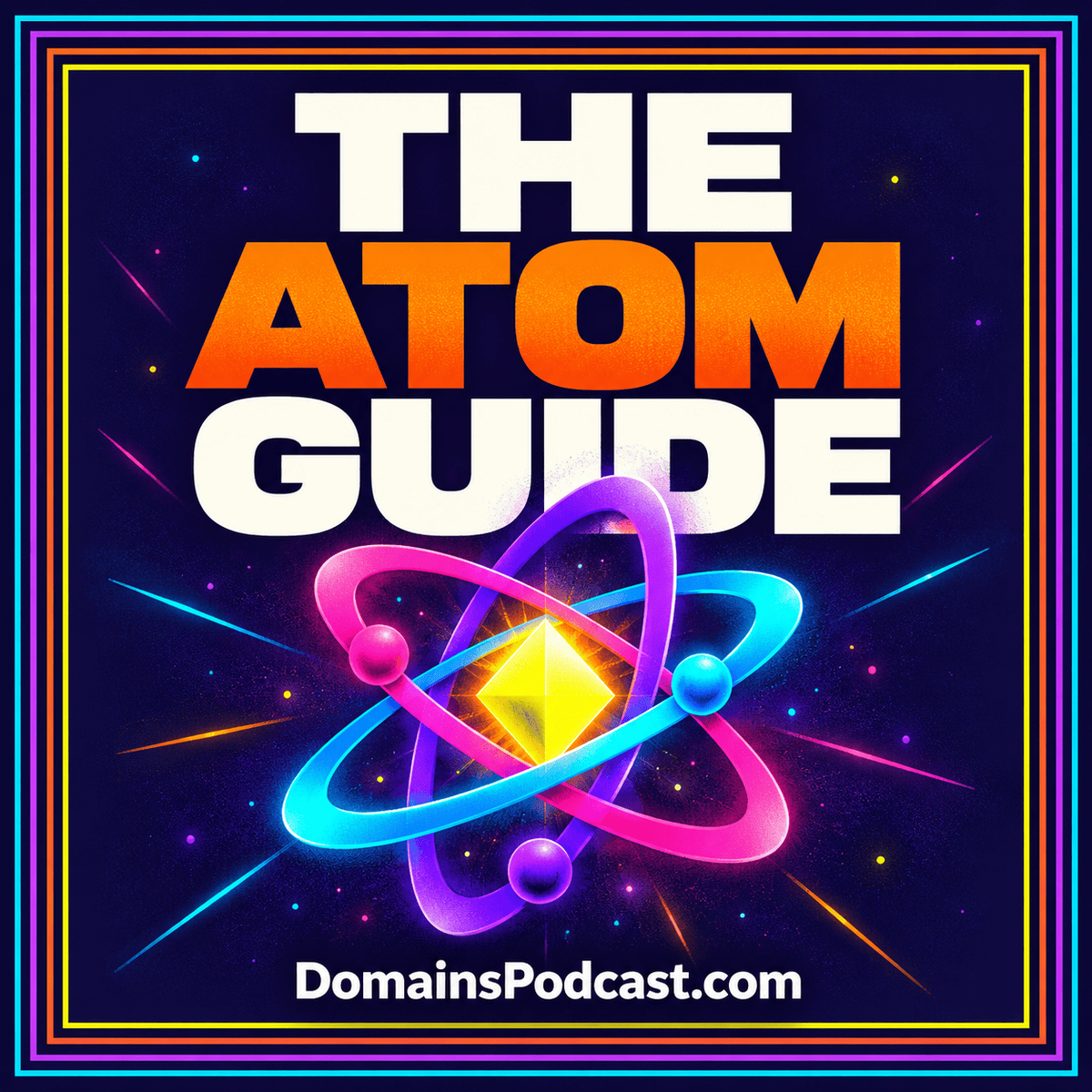 The Atom Guide — neon editorial cover with a multicolor pinstripe frame and DomainsPodcast.com branding