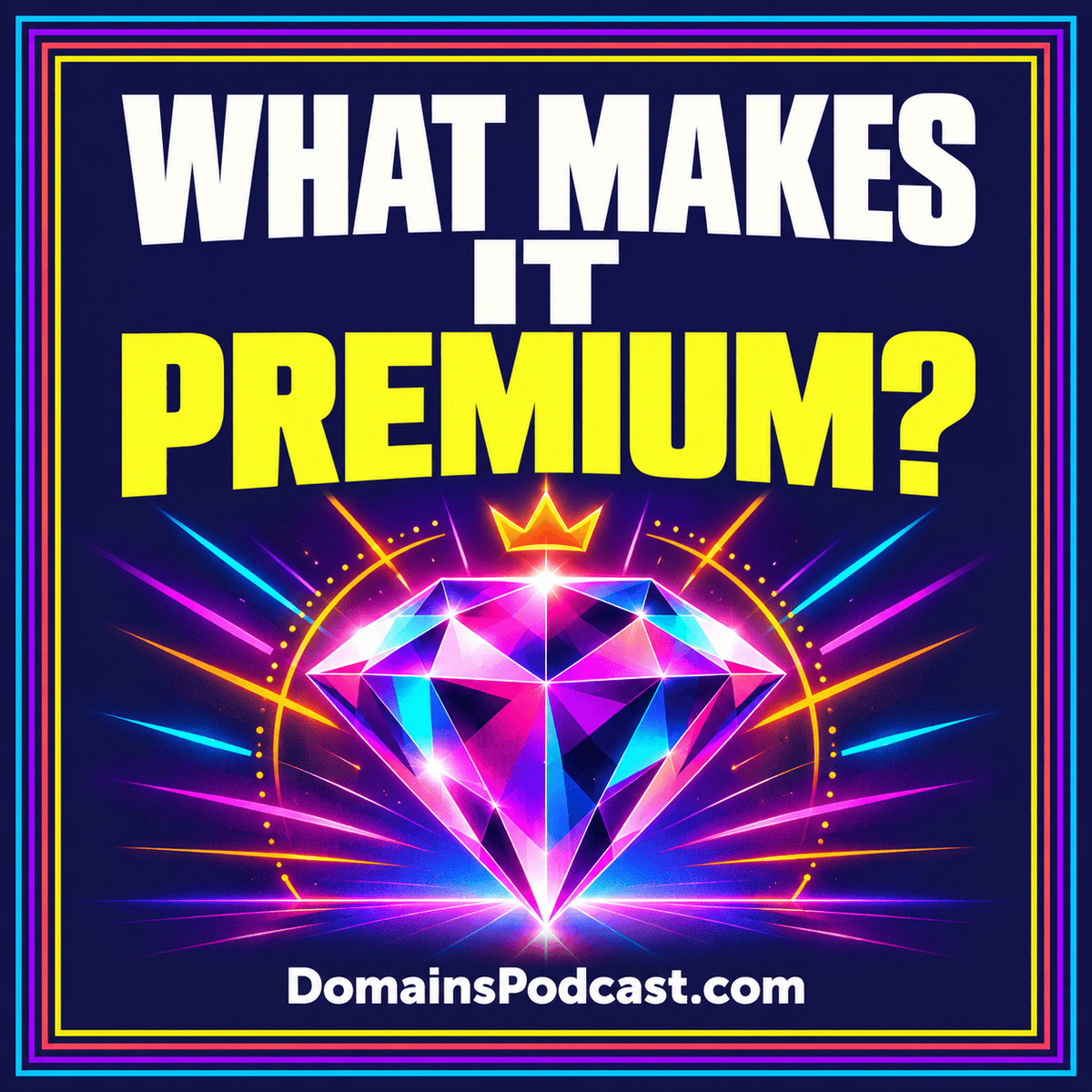 What Makes It Premium? — neon editorial cover with a multicolor pinstripe frame and DomainsPodcast.com branding