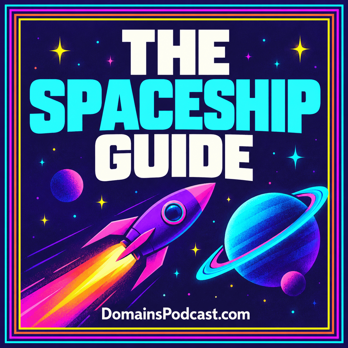 The Spaceship Guide — neon editorial cover with a multicolor pinstripe frame and DomainsPodcast.com branding